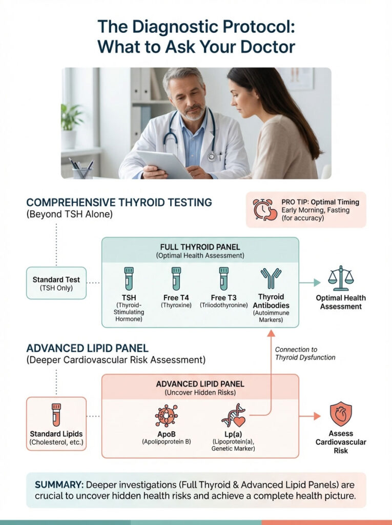 Doctor discusses diagnostic protocol for thyroid and lipid testing with patient, featuring charts and tips. Infographic.