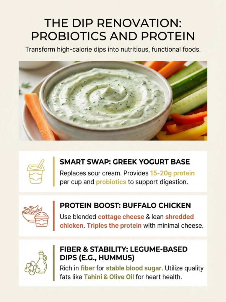 Infographic showing healthy dip alternatives with Greek yogurt, buffalo chicken, and legume-based dips.