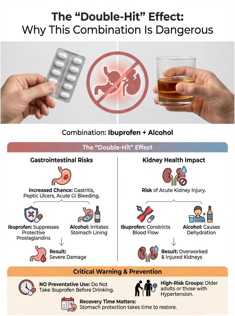 Infographic showing dangers of combining ibuprofen and alcohol with health risks and prevention tips.