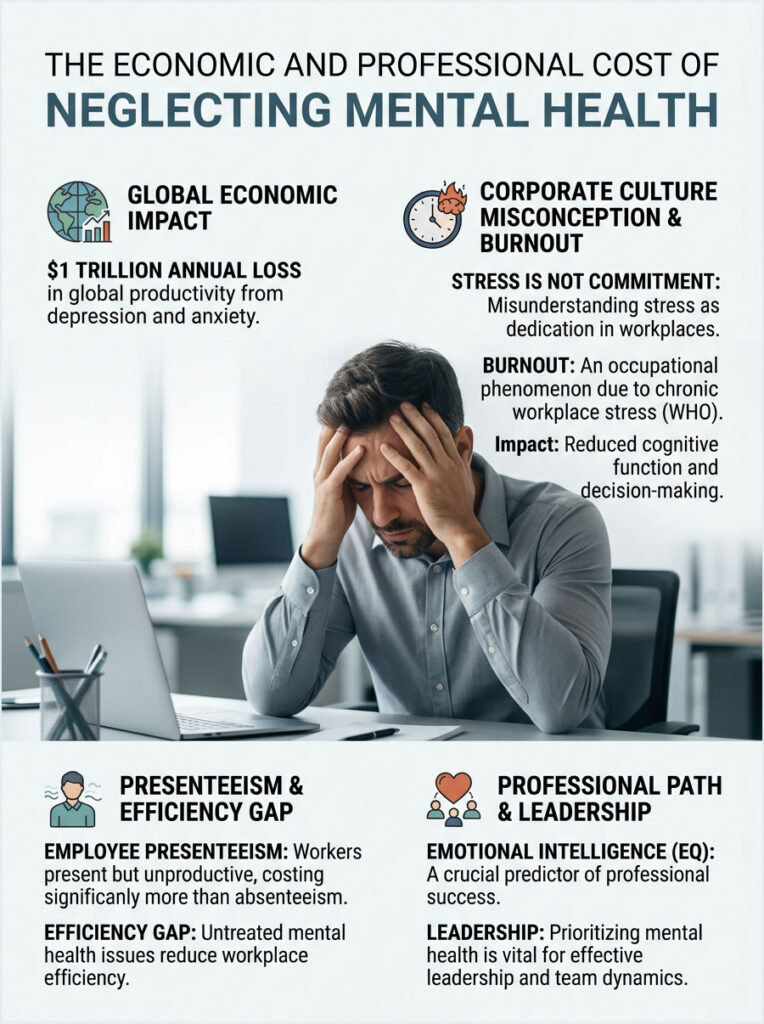 Infographic showing the economic cost of neglecting mental health with statistics and key concepts on burnout and presenteeism.