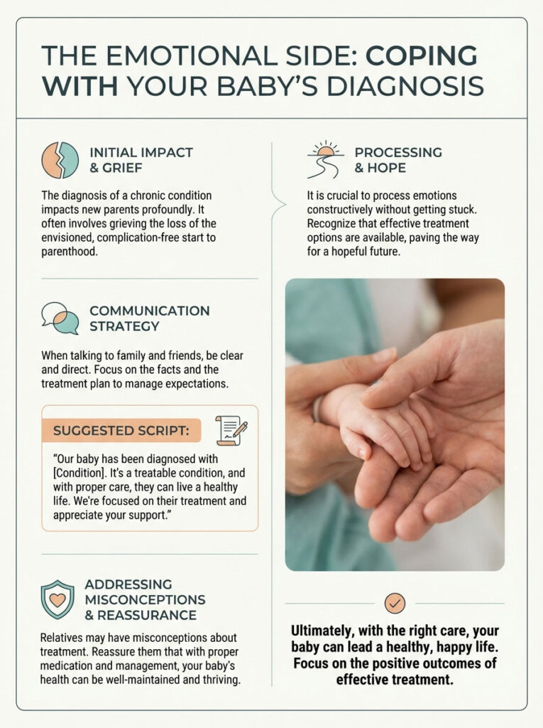 Infographic on coping with a baby's diagnosis, featuring sections on grief, communication, and reassurance.