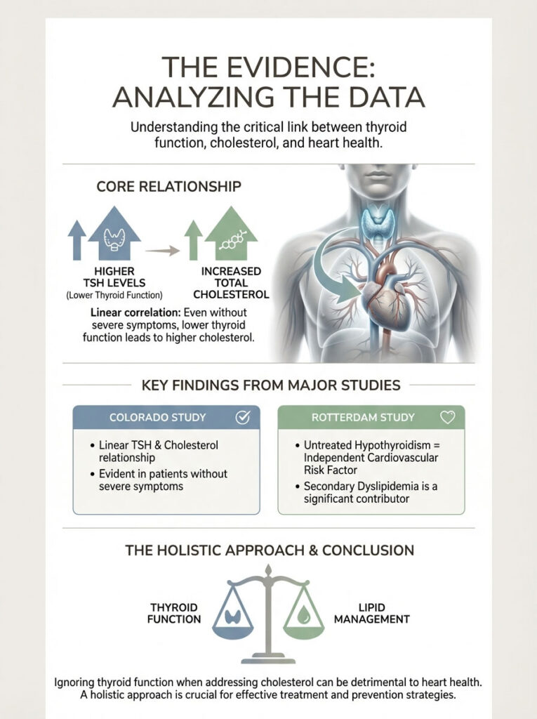 Infographic showing the link between thyroid function, cholesterol, and heart health with charts and key findings.
