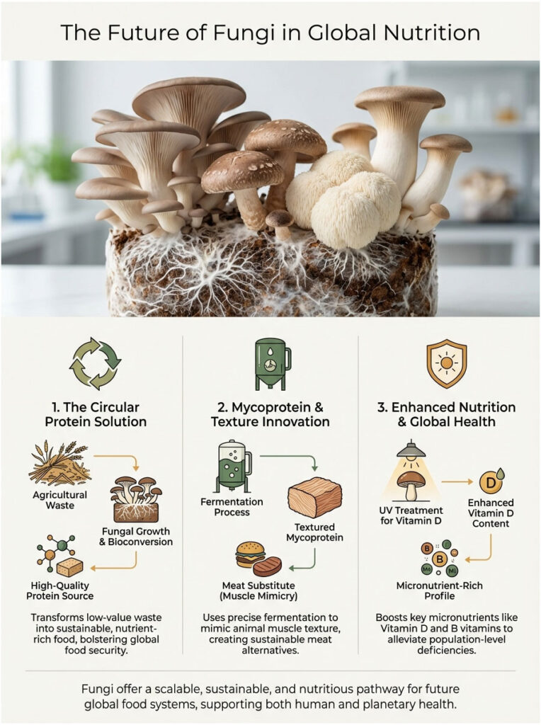 Infographic showing the future of fungi in global nutrition with text and illustrations on protein solutions and health benefits.