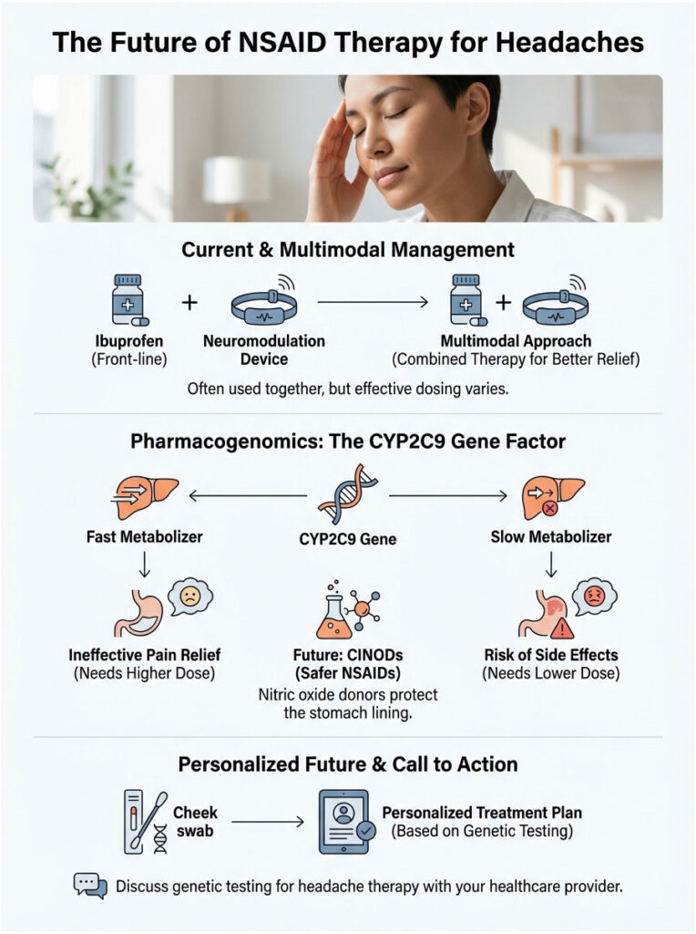 Infographic showing NSAID therapy for headaches, including ibuprofen, neuromodulation device, and genetic factors.