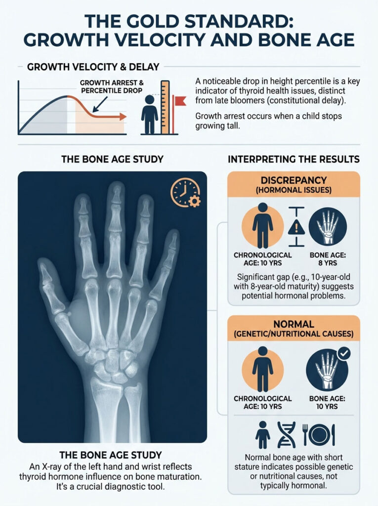 Infographic showing growth velocity, bone age study, and hormonal discrepancies with charts and illustrations.