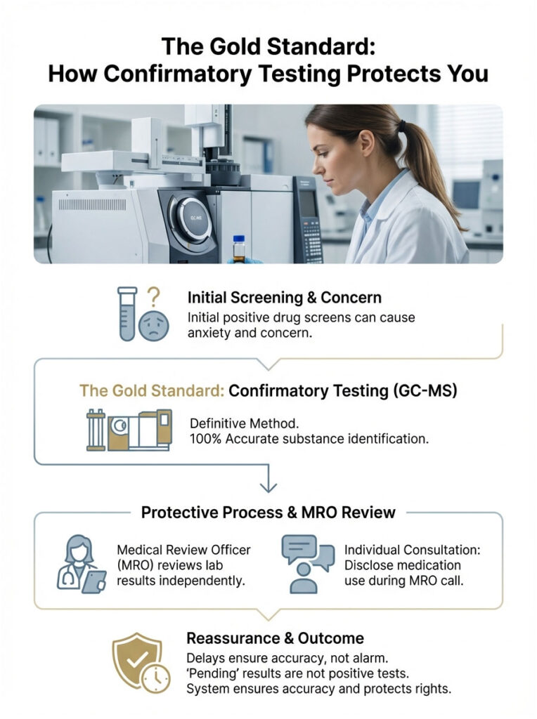 Infographic explaining confirmatory testing process with sections on screening, testing, review, and outcomes.