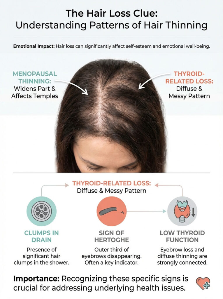 Infographic showing hair loss patterns with labels for menopausal thinning and thyroid-related loss, featuring a woman’s hairline.