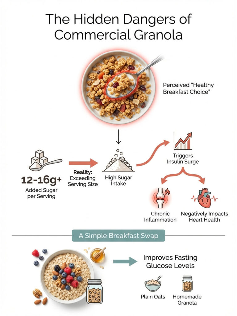 Infographic showing dangers of commercial granola, sugar content, and healthier breakfast alternatives.