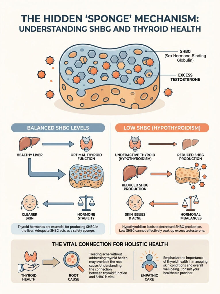 Infographic explaining SHBG's role in thyroid health, featuring charts on balanced and low SHBG levels.
