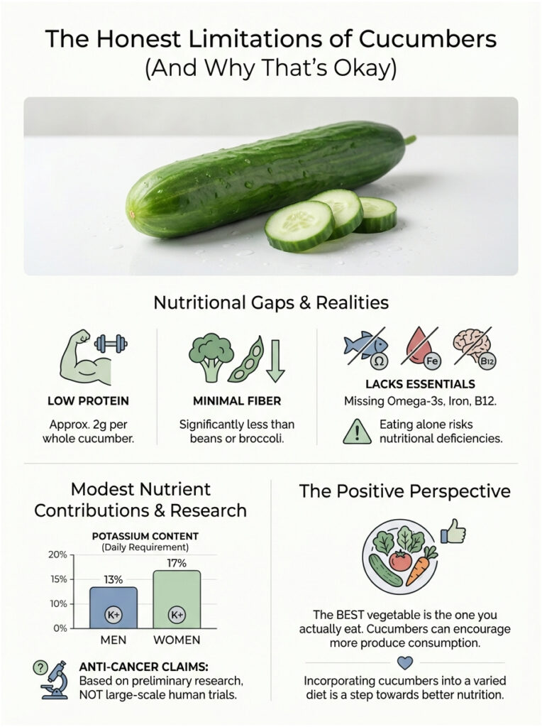 Infographic showing cucumber limitations, nutritional gaps, and benefits with charts and icons.