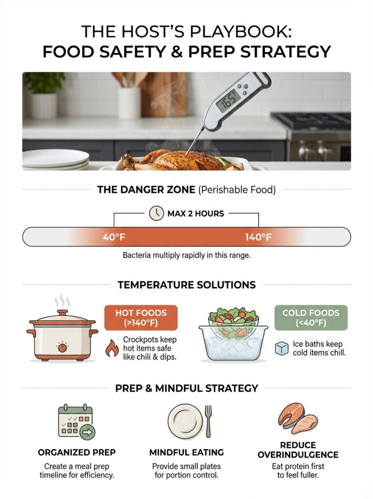 Infographic on food safety with temperature guidelines, prep strategies, and illustrations of food items and tools.