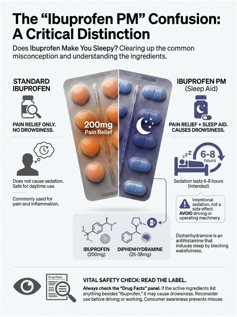 Infographic comparing Standard Ibuprofen and Ibuprofen PM, detailing effects, ingredients, and safety tips.