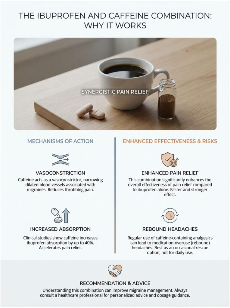 Infographic explaining ibuprofen and caffeine combination benefits, featuring text on mechanisms and recommendations.