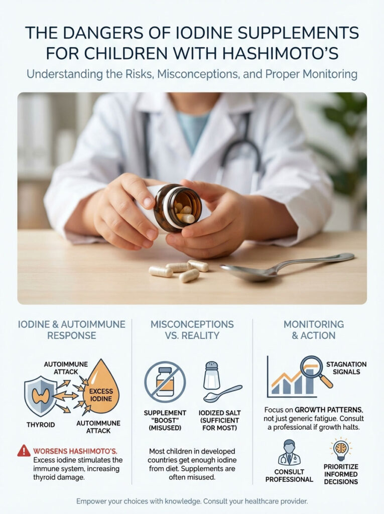 A doctor holds a bottle of iodine supplements with capsules on a table, discussing risks for children with Hashimoto's. Infographic.