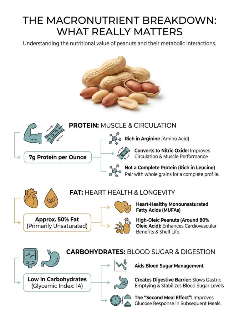 Infographic detailing macronutrient breakdown of peanuts, highlighting protein, fat, and carbohydrates with icons and data.