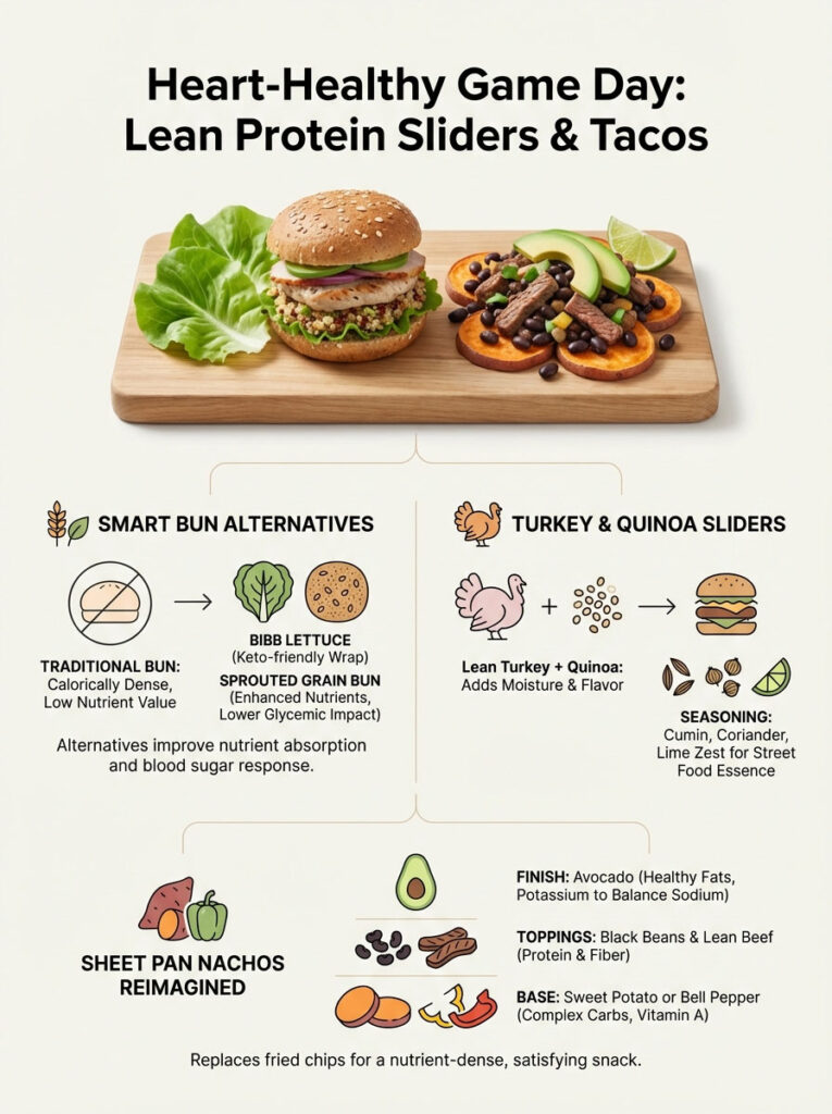 Infographic showing heart-healthy game day recipes with sliders, tacos, and nachos, including ingredients and benefits.