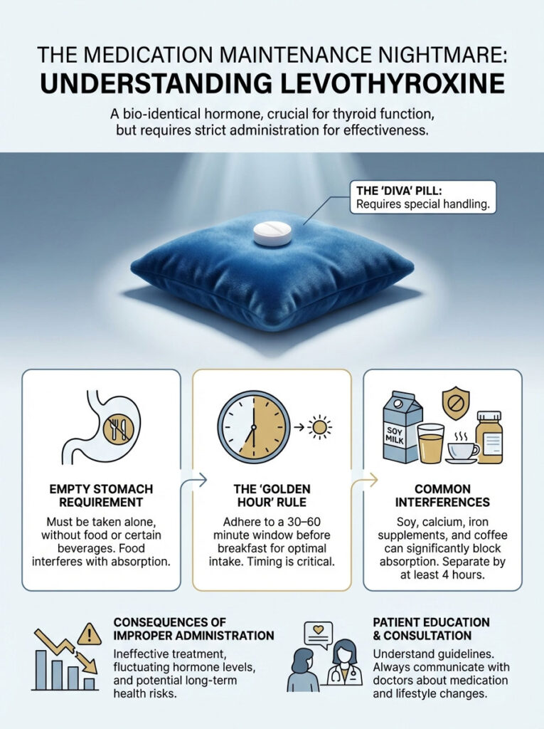 Infographic explaining Levothyroxine administration guidelines, including timing and dietary interferences.