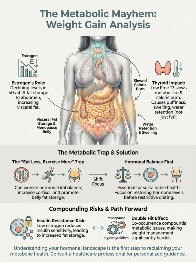 Infographic illustrating weight gain analysis, showing hormonal impacts and solutions for metabolic health.