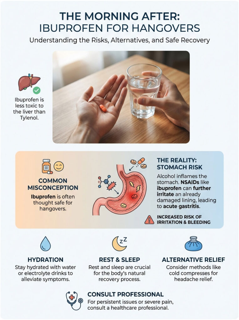 Infographic showing ibuprofen for hangovers, highlighting misconceptions, stomach risks, hydration, rest, and alternatives.