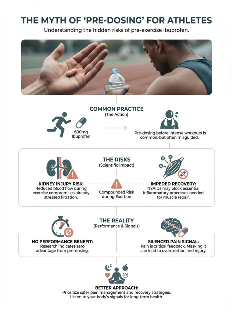 Infographic explaining risks of pre-dosing ibuprofen for athletes, featuring text and icons on health impacts.