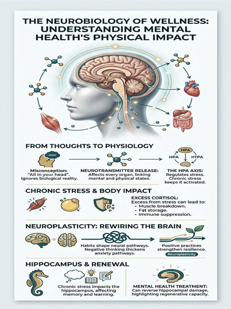 Infographic illustrating the neurobiology of wellness, showing brain, heart, and body connections with stress impacts.