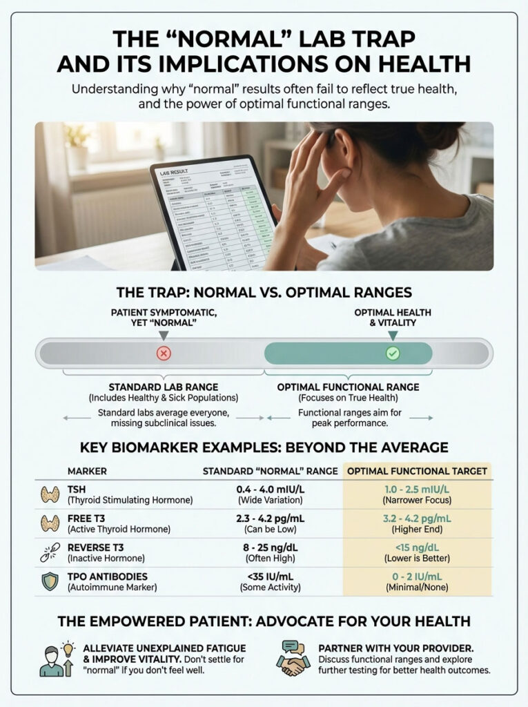 Infographic comparing normal lab ranges to optimal functional ranges for health markers and patient advocacy.