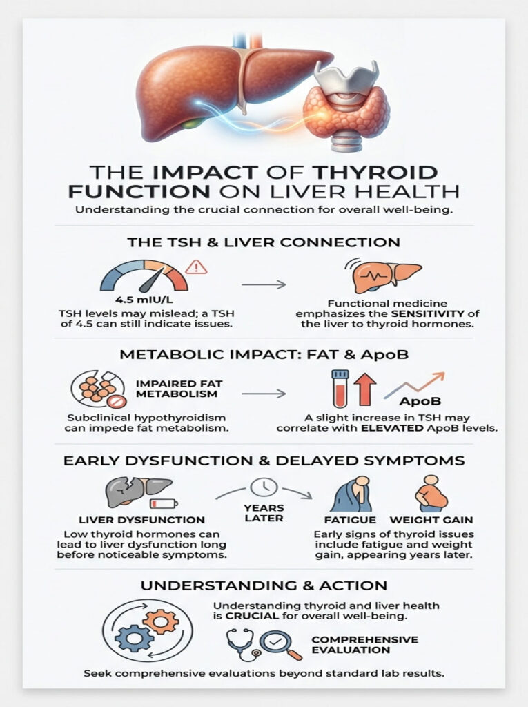 Infographic showing the connection between thyroid function and liver health, including charts and icons.