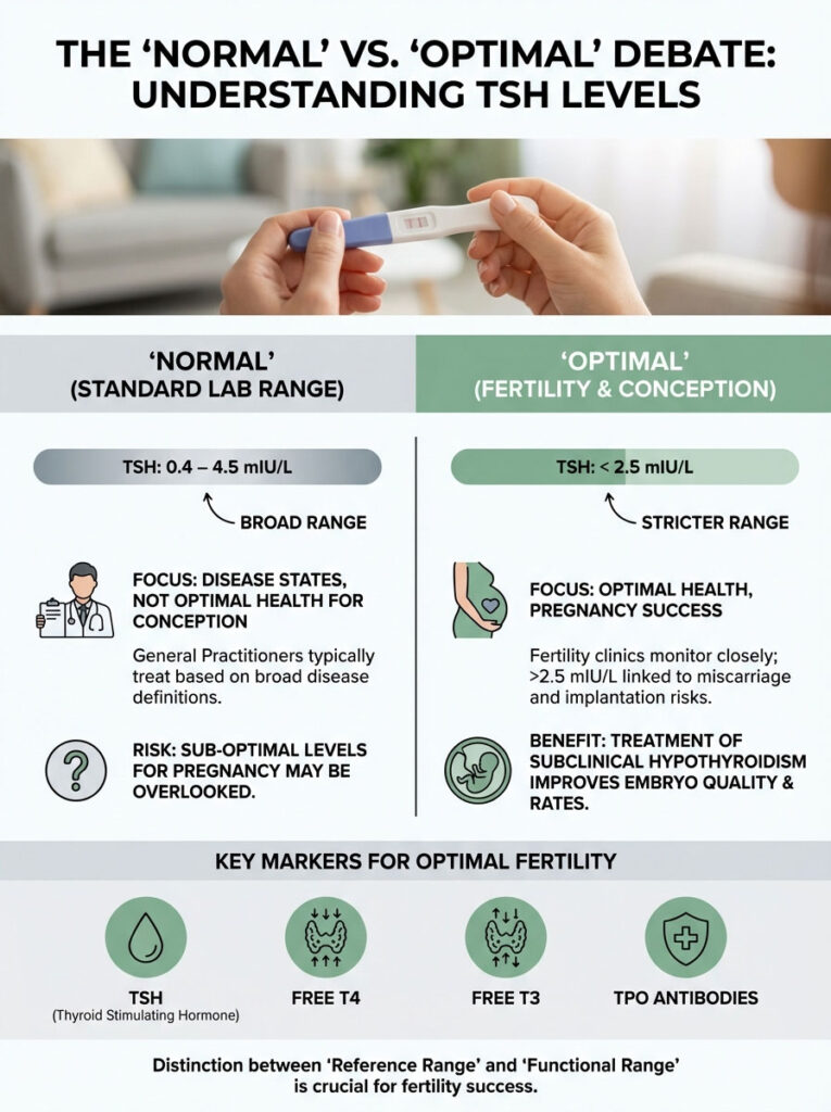Infographic comparing 'Normal' and 'Optimal' TSH levels for fertility, highlighting key markers and health focus.