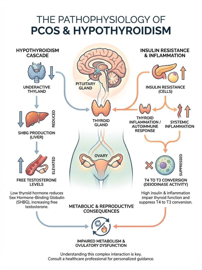 Infographic showing the pathophysiology of PCOS and hypothyroidism with labeled glands and processes.