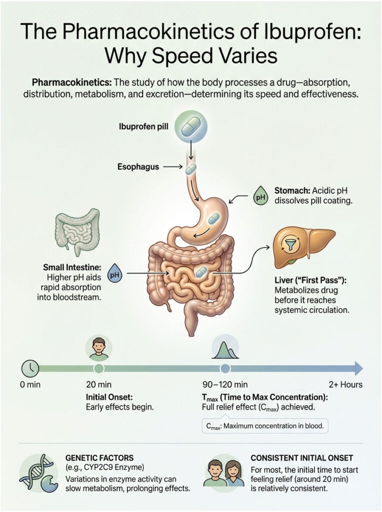 Infographic illustrating ibuprofen pharmacokinetics, showing pill absorption through the esophagus, stomach, small intestine, and liver.