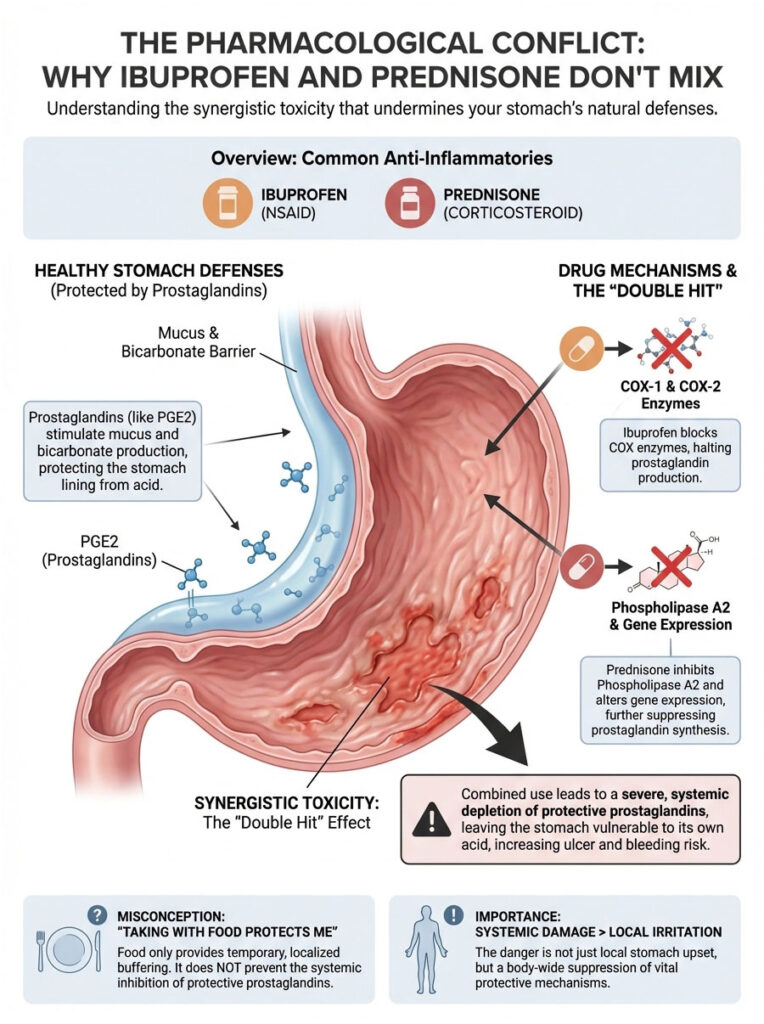 Infographic explaining the conflict between ibuprofen and prednisone, showing stomach defenses and drug mechanisms.