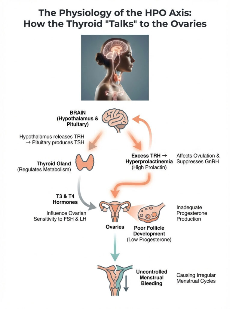 Infographic illustrating the HPO axis, showing thyroid's role in ovarian function and menstrual cycles.