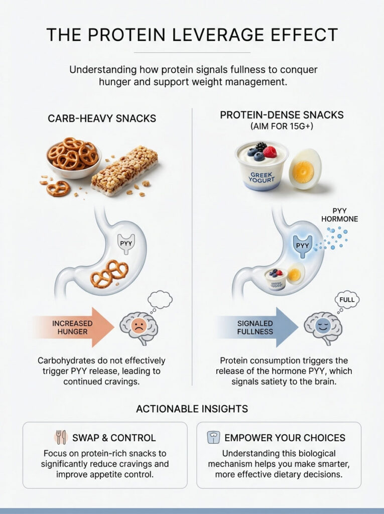 Infographic explaining the Protein Leverage Effect with visuals of snacks, PYY hormone, and insights on hunger and fullness.