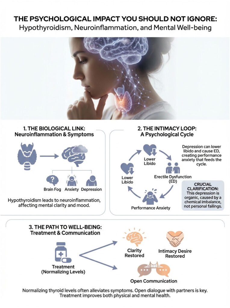 Infographic illustrating the psychological impact of hypothyroidism, neuroinflammation, and mental well-being.