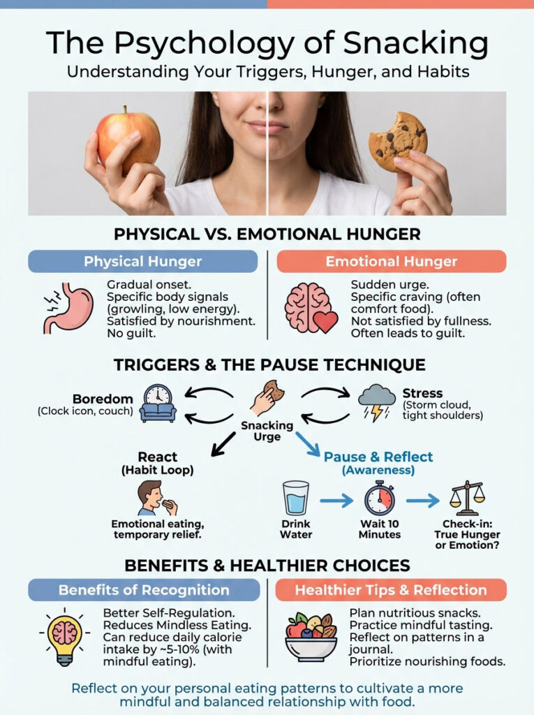Infographic comparing physical and emotional hunger with triggers, pause techniques, and healthy choices.