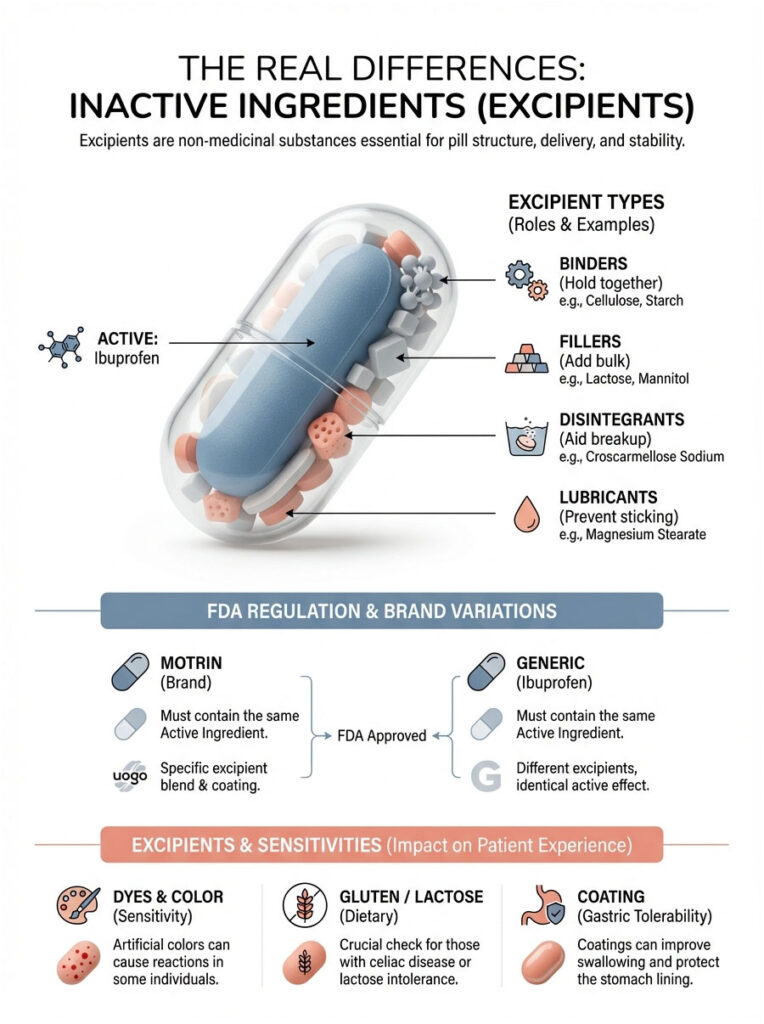 Infographic explaining inactive ingredients in pills, featuring ibuprofen capsule and categories of excipients.
