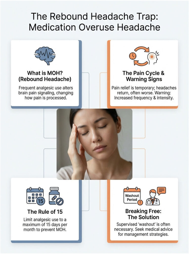 Infographic explaining medication overuse headache with sections on MOH, pain cycle, rule of 15, and solutions.