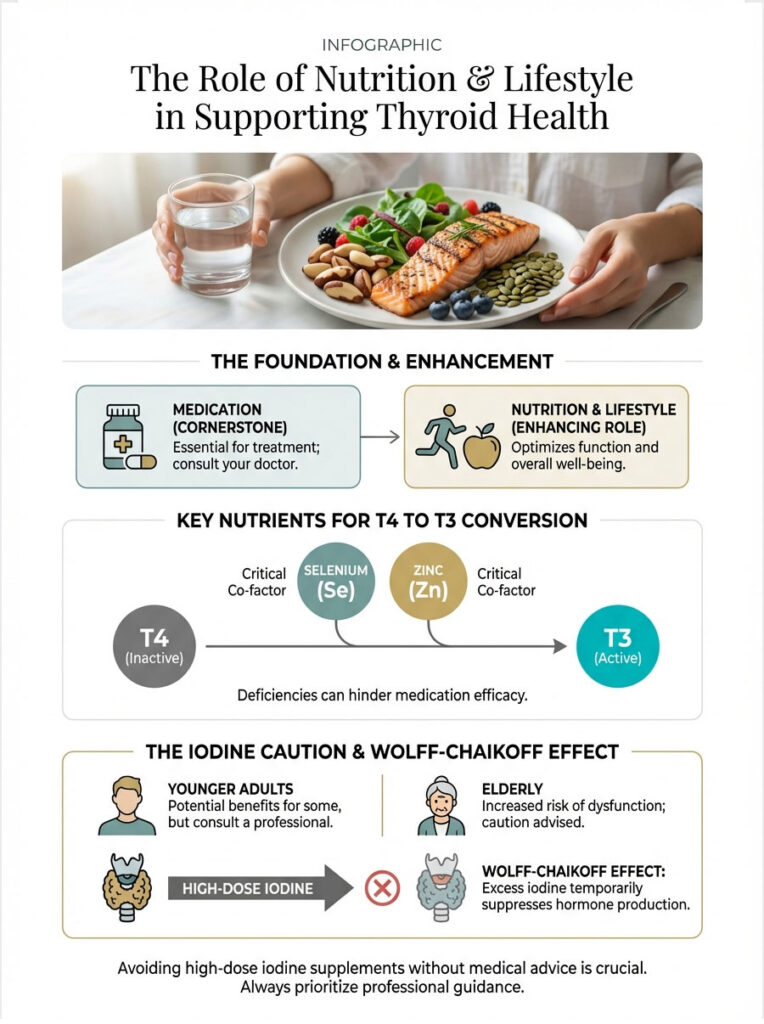 Infographic showing the role of nutrition and lifestyle in thyroid health, featuring food images and nutrient information.