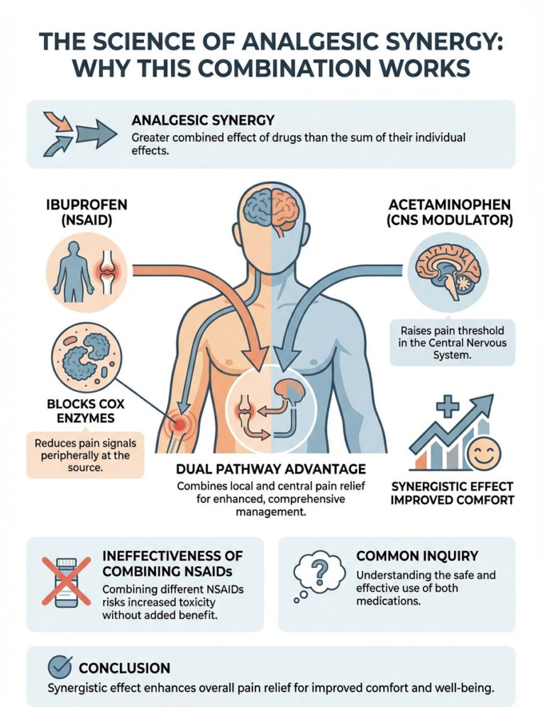 Infographic explaining analgesic synergy with ibuprofen and acetaminophen, showing effects and pathways of pain relief.