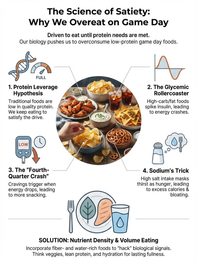 Infographic explaining why we overeat on game day, detailing protein leverage, glycemic rollercoaster, and sodium's trick.