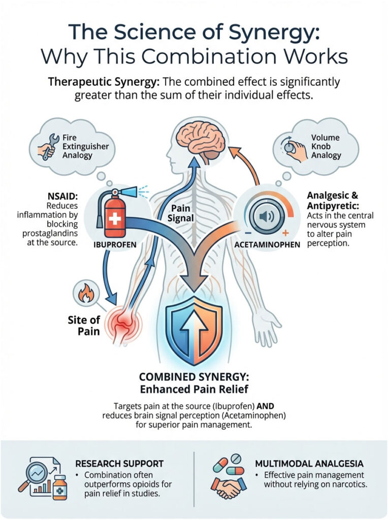 Infographic explaining therapeutic synergy of ibuprofen and acetaminophen for pain relief with visuals and text.