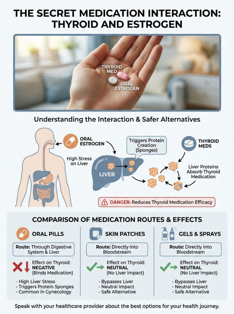 Infographic showing thyroid medication and oral estrogen interaction, liver effects, and medication routes comparison.