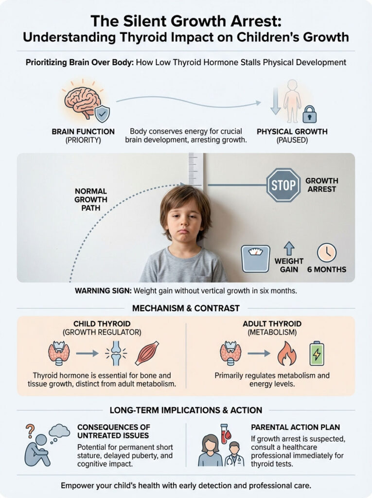 Infographic explaining thyroid's impact on children's growth, featuring charts, icons, and key messages about growth arrest.