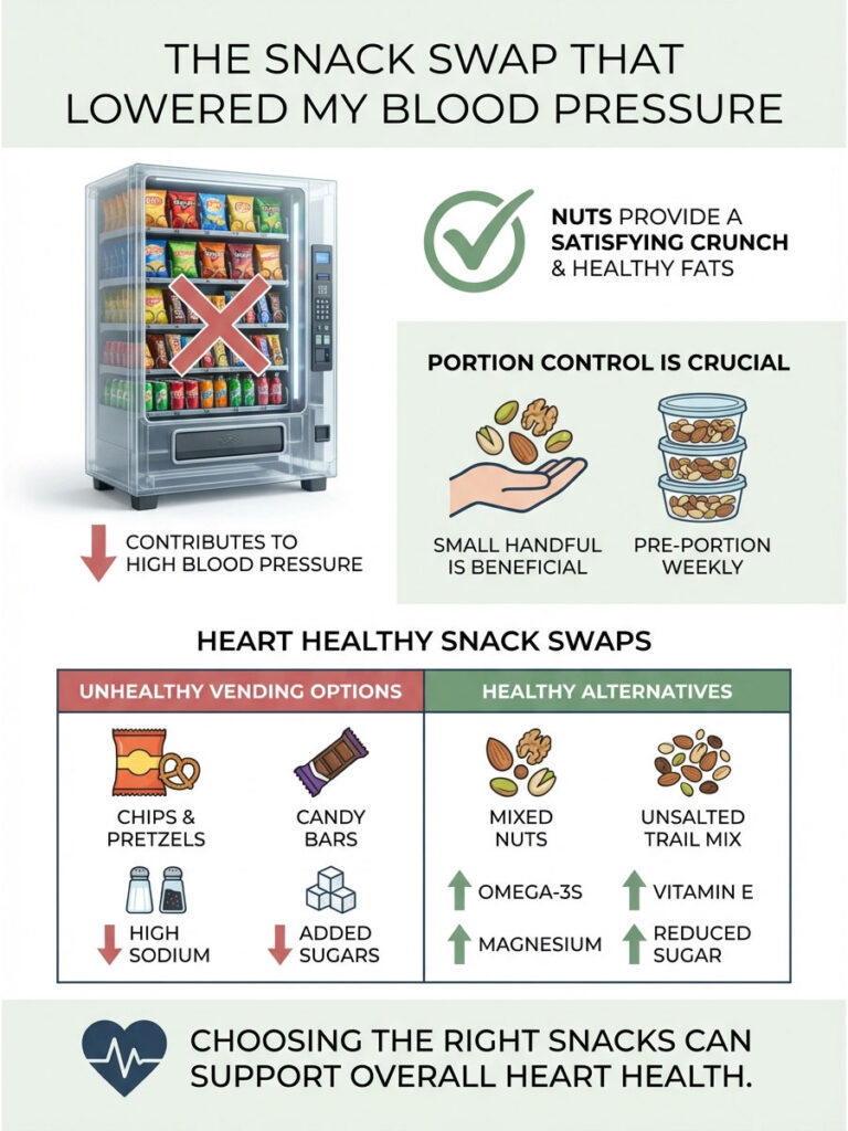 Infographic showing healthy snack swaps for lowering blood pressure, featuring a vending machine and portion control tips.