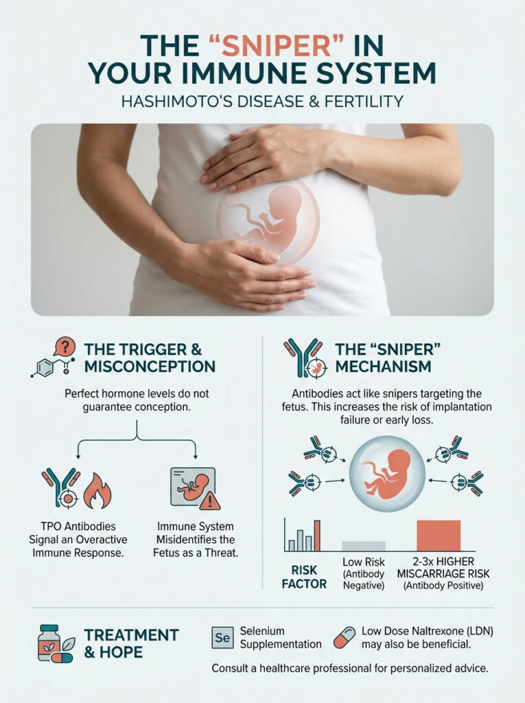 Infographic explaining Hashimoto's disease and fertility, showing immune response and miscarriage risk factors.