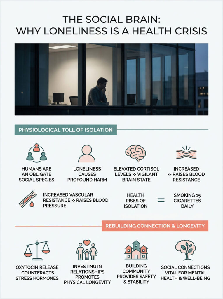 Infographic showing the health crisis of loneliness with charts on physiological toll and rebuilding connections.