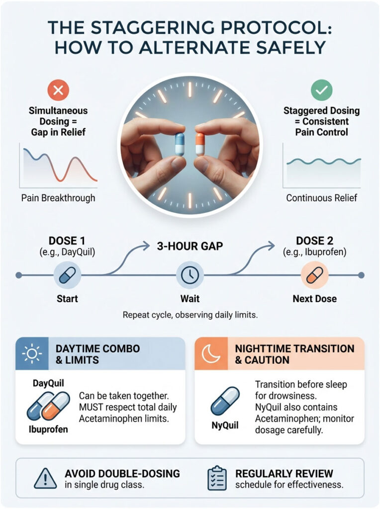 Infographic explaining the staggering protocol for alternating medications with visuals of pills and a clock.