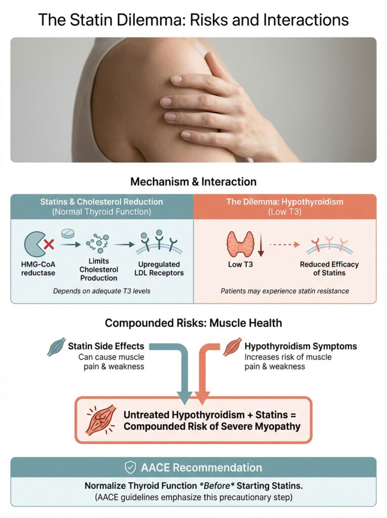 Infographic explaining the risks of statins and hypothyroidism, showing mechanisms, compounded risks, and recommendations.