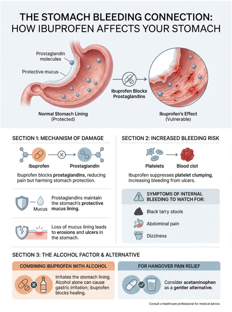 Infographic explaining how ibuprofen affects the stomach, including mechanisms of damage and bleeding risks.