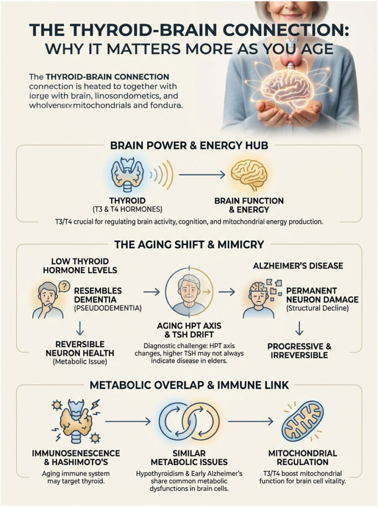 Infographic illustrating the thyroid-brain connection, detailing hormone impact on brain function and aging effects.